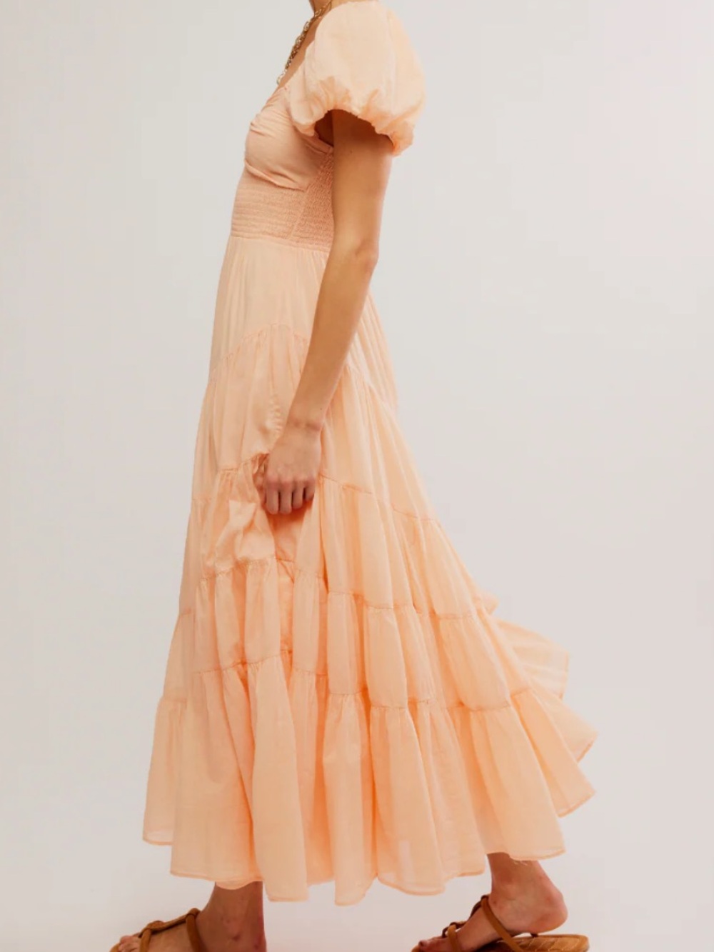 Free People Peach Tiered Maxi Dress with Puff Sleeves - Picture 3 of 13